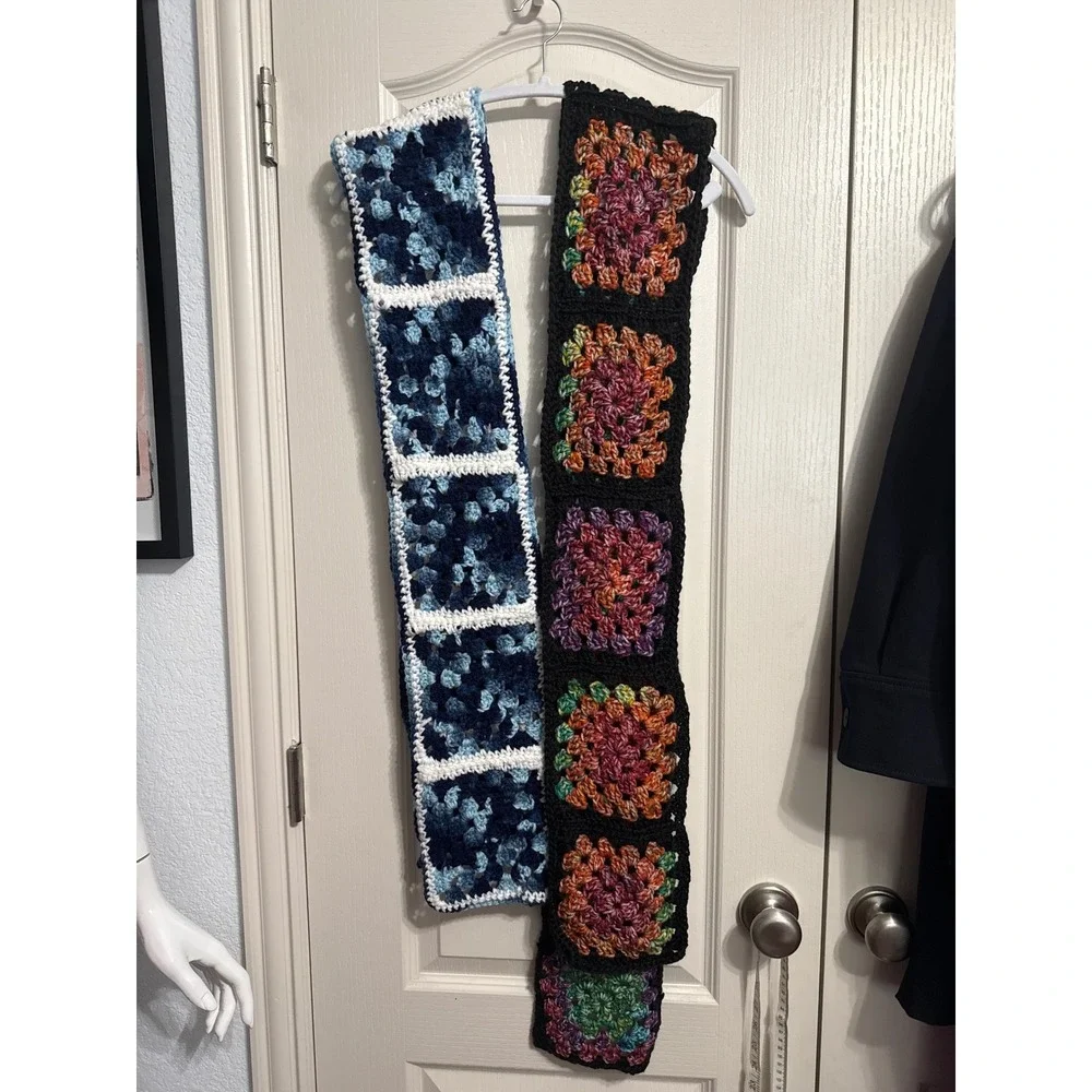 Handmade Crochet Knit Granny Square Scarf Lot of 4 Boho Cottagecore Retro Indie